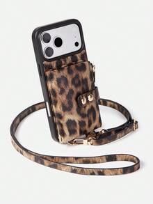 1个豹纹双扣手机拉链包，优雅简约零钱包/卡包，绗缝皮革肩带斜挎钱包式手机壳，适用于 16、15、14、13、12、11 Pro Max - 卡其色 - 查看 1
