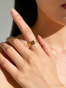 1pc Luxury Heart Cross Stainless Steel Couple Ring, Personalized Rhinestone Inlaid Ring, Wedding Jewelry, Suitable For Everyday Wear - Gold - View 3