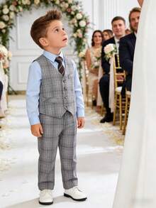 Young Boy Plaid Single-Breasted Tie Decor Vest Top And Pants Formal Suit, Suitable For Host - Light Grey - View 2