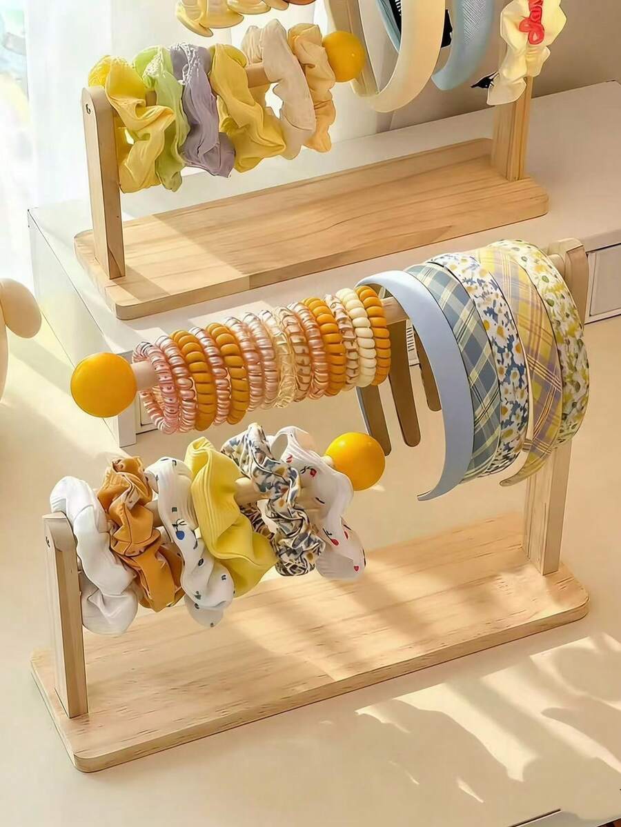 Wooden Headband And Hair Tie Storage Rack, Foldable Girls Hair Accessory Organizer, Multifunctional Storage Shelf For Hair Clips, Necklaces, Bracelets, Watches And Jewelry Display - Yellow Ball Wood Color - View 1