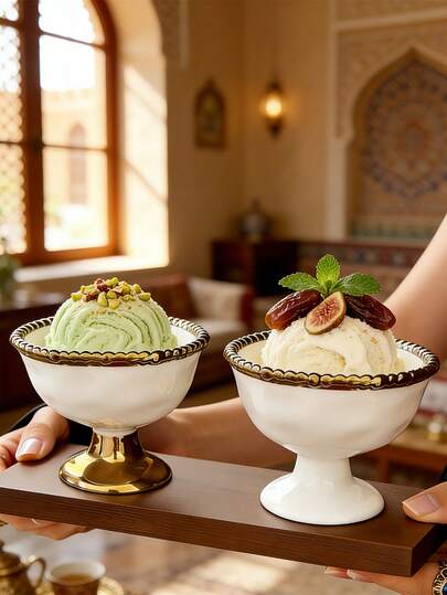 1 Stück Dessert Teller, Luxus Goldrand Keramik Eisbecher, Retro Vergoldeter Hochfuß Dessertschale, Tablett, Pudding & Dessert Becher, Für Mittleren Osten Restaurant & Nachmittags Tee Zuhause, Datteln & Nüsse Salatschale Geschirr, Dessert Servierplatte. Geeignet für Familienfeiern, Hochzeiten und Ramadan Veranstaltungen.