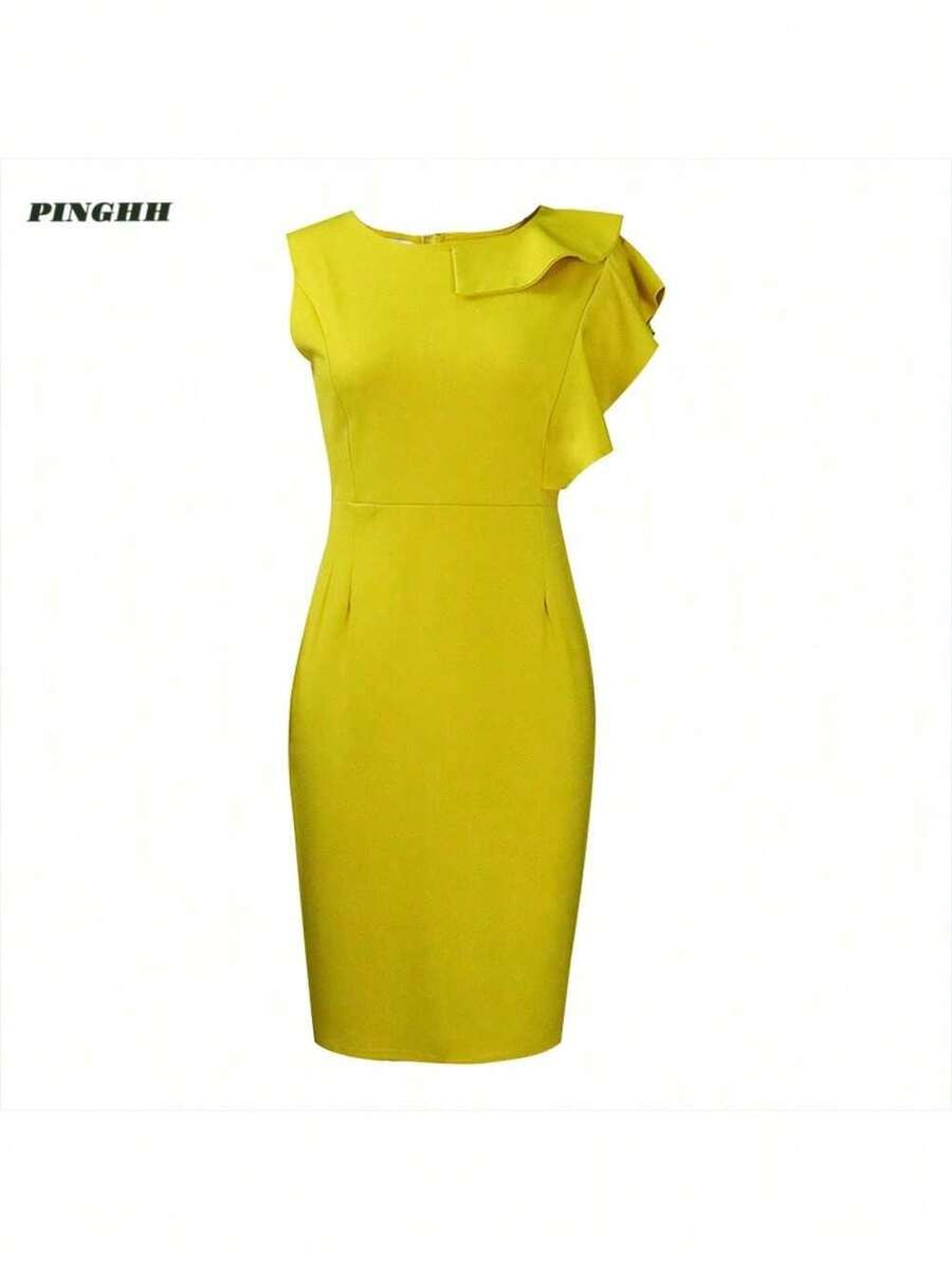 Women's Sleeveless Formal Midi Dress With Ruffles And Fitted Cut - 黃色 - 查看 1