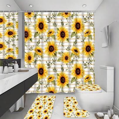1/4pcs 2D Printed Shower Curtain Set. Bathroom Curtain Set With Sunflower Pattern. Bathroom Curtains, Bathroom Anti-Slip Decorative Home Supplies Gift Hooks