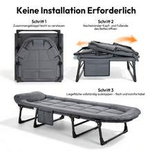 Transat pliant Sour Lemon, lit de camping, lit d'appoint, chaise longue pliante, réglable sur 6 positions, fauteuil inclinable par gravité, supportant jusqu'à 200 kg, avec matelas, poche latérale et appui-tête. Idéal pour le camping en extérieur et en intérieur, sur balcon, au bord de la piscine, sur la terrasse ou au bureau. - Gris - Voir 8
