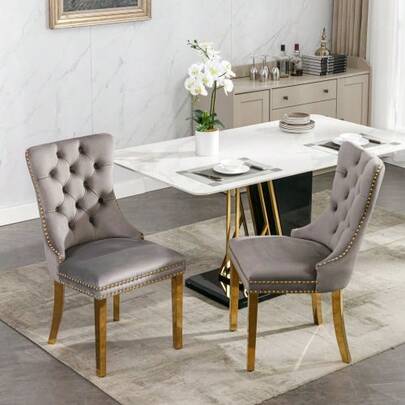 A & A Furniture, Nikki Collection Modern High-End Tufted Solid Wood Contemporary Velvet Upholstered Dining Chairs With Gold-Plated Stainless Steel Legs And Decorative Rivets, Set Of Two Handles,