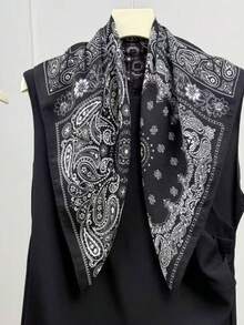 1pc Printed Chiffon Scarf, Lightweight Square Scarf Neck Scarf For Women, For Spring/Autumn, Beach, Holiday, Travel Essential, Holiday - Black - View 4