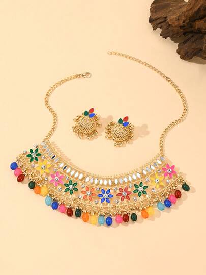 3件套优雅波西米亚异域风情串珠吊坠首饰套装，花朵装饰项链套装，适合传统新娘配饰、女士派对或日常佩戴