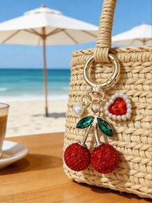 1pc Elegant Cherry Keychain With Rhinestone & Green Gemstone Accents – Golden-Tone Chain Bag Charm | Sparkling Cherry Pendant, Fashion Key Ring, Cute Fruit Keychain, Shiny Bag Decoration, Detailed Craftsmanship | Perfect Accessory For Women & Girls, Ideal For Handbags, Backpacks, Wallets, Car Keys | Great Gift For Valentine's Day, Mother's Day, Birthday, Party, Wedding, Graduation, Christmas & Everyday Use - Multicolor - View 1