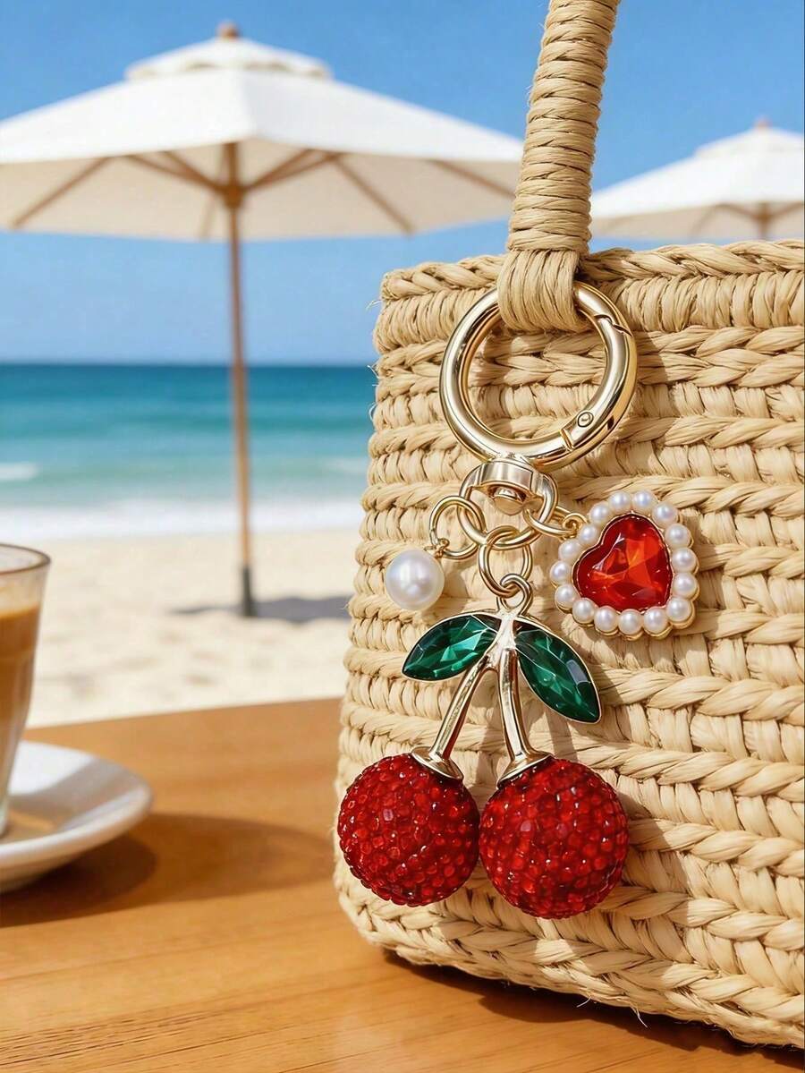1pc Elegant Cherry Keychain With Rhinestone & Green Gemstone Accents – Golden-Tone Chain Bag Charm | Sparkling Cherry Pendant, Fashion Key Ring, Cute Fruit Keychain, Shiny Bag Decoration, Detailed Craftsmanship | Perfect Accessory For Women & Girls, Ideal For Handbags, Backpacks, Wallets, Car Keys | Great Gift For Valentine's Day, Mother's Day, Birthday, Party, Wedding, Graduation, Christmas & Everyday Use - Multicolor - View 1