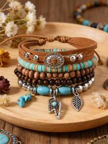 Bộ 5 vòng tay phong cách Bohemian, trang sức đính hạt bằng da PU màu ngọc lam cổ điển với mặt dây chuyền hình lá/tua rua nhiều lớp, phù hợp cho các buổi hòa nhạc, kỳ nghỉ, hẹn hò, lễ hội và đeo hàng ngày. Đây là phụ kiện đính hạt, hoàn hảo cho phụ nữ quanh năm. Một món quà lý tưởng cho Ngày của Mẹ, Giáng sinh, Ngày Valentine dành cho phái nữ. - Nhiều màu - Xem 9