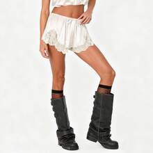 Boho Women's Lace Trim Satin Silk Shorts Shiny Elastic Waist Mini Shorts Pettipants Half Slip Shorts French Knickers Boyshorts For Dresses Full Coverage Underwear Lounge Pants - FJ305-白色 - 查看 9