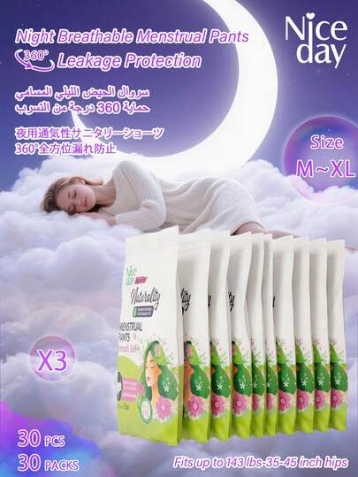 Niceday 30 chiếc, M-XL, Quần ngủ, Quần kinh nguyệt cho nữ, Băng vệ sinh loại miếng siêu mỏng, Thoáng khí và không ngột ngạt, Khả năng thấm hút cao, Không rò rỉ, Phù hợp với vòng eo 31,5 inch-47,2 inch, Phù hợp với cân nặng 88 pound-154 pound