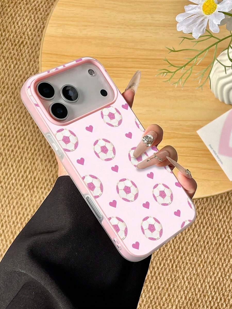 1pc Pink Hand-Painted Love Heart & Football Pattern 2-In-1 TPU Material Phone Case Suitable Compatible With Iphone 17/17 Pro Max/17 Pro/Air/13/16 Pro Max/16/15/14/12 Pro Max/13 Pro Max/11 Pro/14 Pro/15 Pro/12, Fashionable Protective Soft Shell, Luxury - Multicolor - View 1