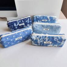 牛仔蓝铅笔盒，大容量帆布文具包，多功能收纳袋，带化妆刷收纳功能，浪漫星月图案，完美礼物，返校季，学习用品 - 筆袋 - 查看 2