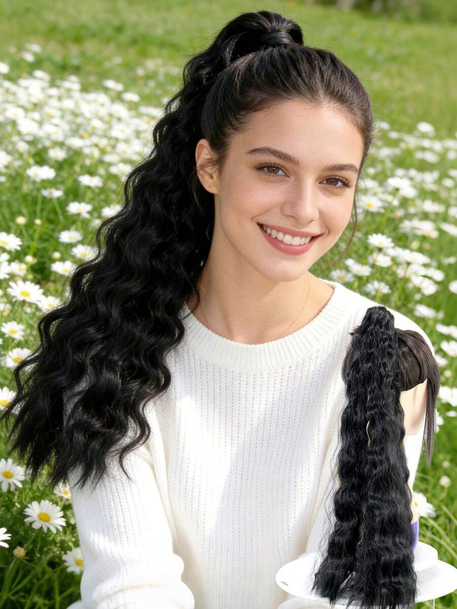 Natural Black High Ponytail Wig, Lazy Wool Curly Wavy Texture, Towel Ring Design, Fluffy Hair Extension Suitable For Daily Commute, Date Outfits And Atmosphere Matching - Multicolor - View 1