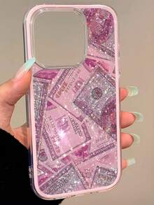 Money 1pc Pink Banknote Personalized Painted Pattern 2-In-1 Frame Transparent Full Coverage Thick Anti-Drop Fashionable Phone Protective Case Compatible With Iphone17 16 15 14 13 12 11promax/Plus, Exquisite Gift - Pink - View 2