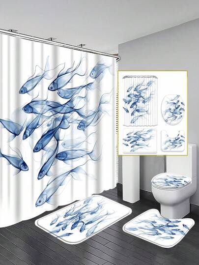 Bộ 1/3/4 rèm tắm họa tiết đàn cá màu nước xanh dương; Thiết kế Zen kiểu Trung Quốc mới, chống thấm nước và bền, phù hợp để trang trí và làm phụ kiện phòng tắm. Kích thước: 71"X71", bao gồm 12 móc treo, bọc bồn cầu, thảm tắm và thảm trải sàn.