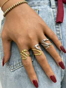 Uself 3pcs/1pc Stainless Steel Geometric Design Open Rings, 18K Gold PVD Coated Smooth Metal Personalized Waterproof Jewelry Gift For Women - Multicolor - View 4