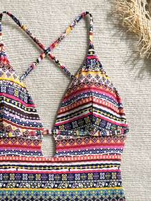 女士时尚优雅波西米亚风印花连体泳衣，适合游泳、度假、海滩、邮轮等场合，夏季 - 彩色 - 查看 3