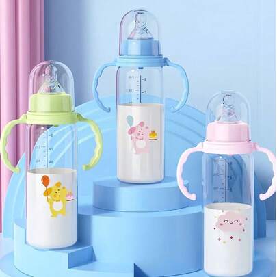 Bộ 3/2 bình sữa trẻ em bằng nhựa polypropylene bền chắc, chống rò rỉ, chống sặc, với thiết kế họa tiết động vật màu hồng và xanh dương trang nhã.