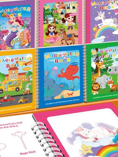 一套水彩画册，含贴纸，婴儿益智玩具，包含可爱公主、交通工具、美人鱼、独角兽图案