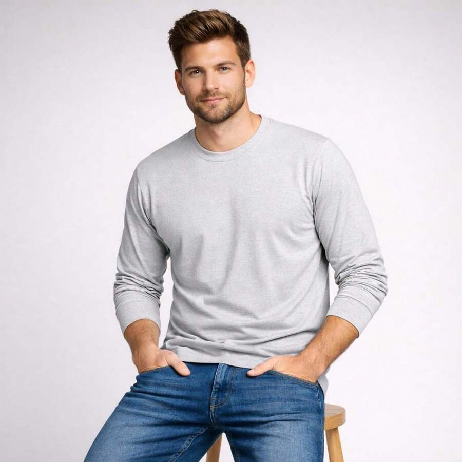 Men's Long-Sleeved Plain Basic T-Shirt, Crew Neck, Unisex, Basic Casual Style. - Xám - Xem 1