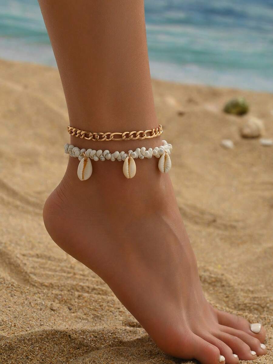 Conjunto de cadena de tobillo con colgante de concha estilo océano y cuentas bohemias - Multicolor - Ver 1