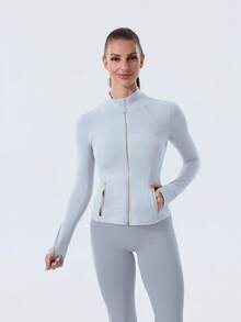 Women's High-Stretch Sculpting BBL Jacket With Thumb Holes Gold Zip Stand Collar Multi-Occasion Activewear Top - Starch Blue/Gold - 查看 2