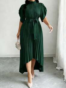 Élégante jupe longue plissée vert olive grande taille, col montant, manches à volants, taille avec lien, ourlet asymétrique, style décontracté de villégiature, nouvelle arrivée printemps/été 2026 pour femmes - Vert sapin - Voir 5