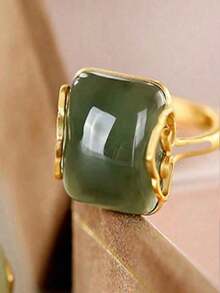 1 pieza Anillo ajustable de diseño elegante y vintage de jade de Hetian, accesorio versátil para uso diario, regalo adecuado para mujeres, familia y amigos - anillo cuadrado - Ver 6
