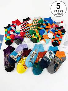 1/3/5 Pairs Random Men's Colorful Geometric Plaid Pattern Comfortable Casual Socks, Suitable For Spring/Summer Outings - Multicolor - View 7