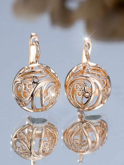 Vanel 1Pair Golden Filigree Ball Earrings, Dainty Hollow Ball Dangle Leverback Earrings, Stylish Everyday Jewelry, For Daily Wear & Party