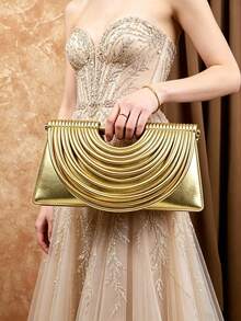 Nouveau sac à main plissé, pochette métallique unique, sac bandoulière amovible, 1 pièce sac fourre-tout doré, polyvalent, convient pour les festivals de musique, les robes de soirée, les fêtes et les courses, toutes saisons - Doré - Voir 4