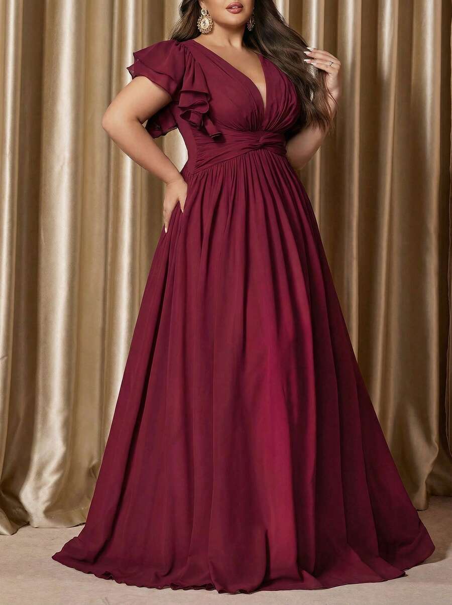 Voworia 浪漫纯色大码女士正式礼服伴娘晚礼服适合婚礼、生日派对 - 酒紅色 - 查看 1
