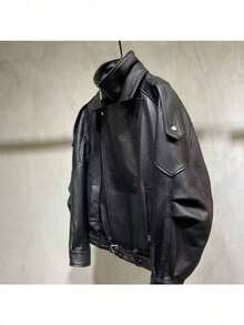 American-Style Heavy-Duty Vintage Leather Jacket For Men, Autumn Style, Streetwear,  Brand Design, PU Leather Jacket, Casual Outerwear - 黑色 - 查看 3