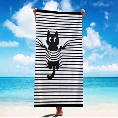 1pc Cat Behind Blinds Beach Towel, Super Soft Microfiber, Lightweight & Quick Dry, Summer Beach Sand Mat, Large Pool Towel, Suitable For Beach, Swimming, Fitness, Camping, Yoga, Holiday Gift