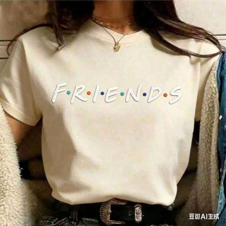 Friends TV Show Funny Cartoon Best Friends Harajuku Tee, Oversized Women's Korean Style, Summer Top For Women - 杏色 - 查看 1