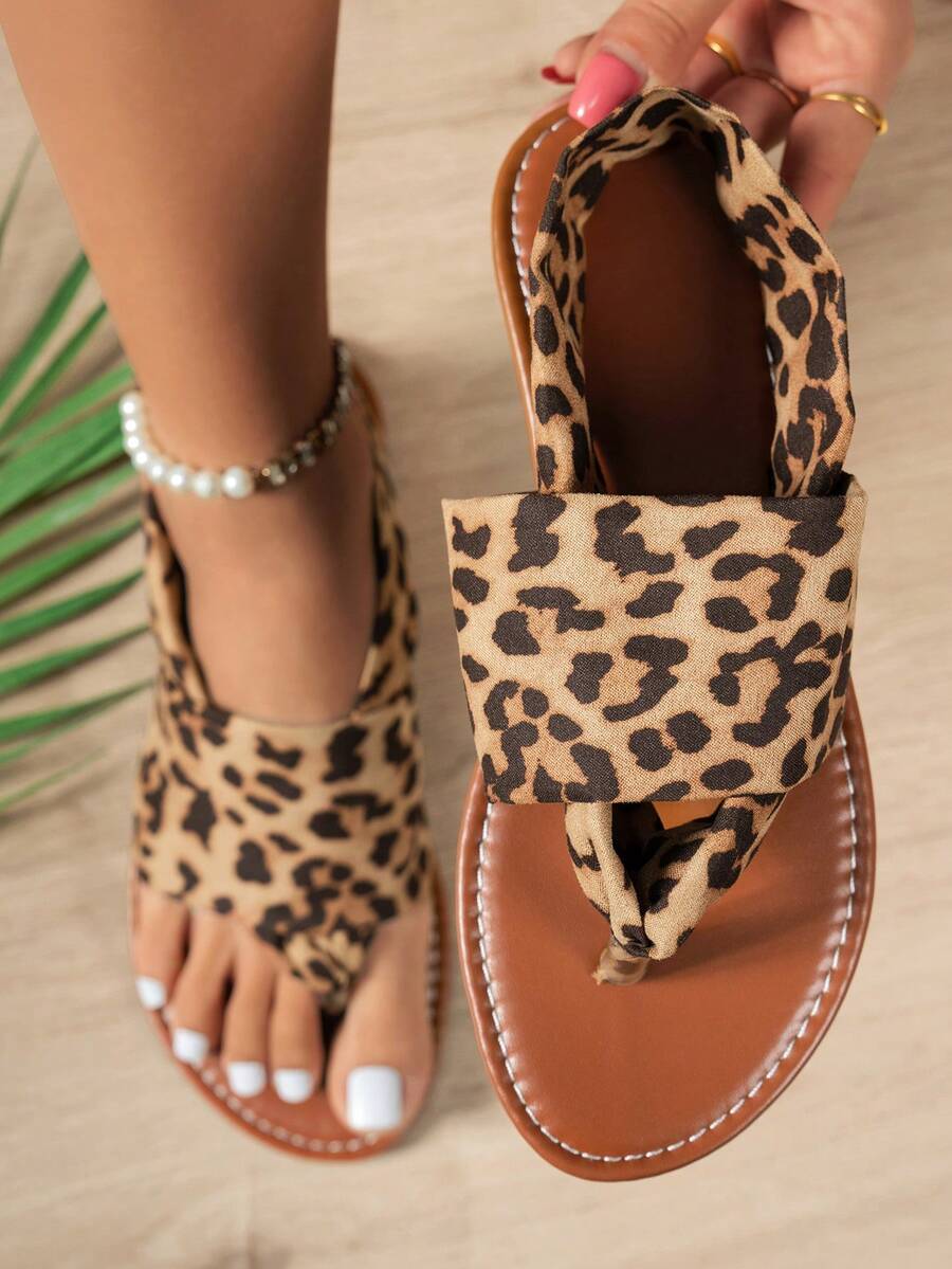 Dép xỏ ngón đế bằng họa tiết da báo dành cho nữ, sandal gợi cảm phong cách retro, thích hợp cho kỳ nghỉ, đi làm, đi biển, mặc hàng ngày, thoải mái và tôn dáng. - Họa tiết da báo nâu - Xem 1