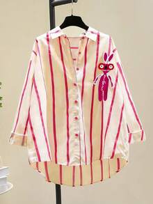 Designed Youthful Striped Contrast Button Front Short Back Long Embroidered Loose Casual Shirt, Long Sleeve Blouse Spring - Hot Pink - View 7