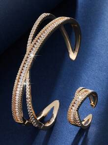 Bộ 2 chiếc vòng tay và nhẫn thắt nút xoắn tối giản thanh lịch đính đá Cubic Zirconia, thích hợp để đeo hàng ngày và làm quà tặng. - bộ nhẫn vòng tay - Xem 1