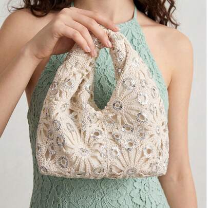 Vintage Crochet Knit Hobo Bag With Sequin Embellishment, Hollow-Out Woven Shoulder Handbag For Women