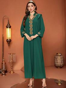 Đầm maxi cổ chữ V đính cườm độc đáo, màu xanh ngọc lục bảo, trang phục Hồi giáo kiểu Ả Rập dành cho phụ nữ. - Màu xanh lá cây đậm - Xem 6
