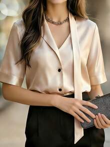 女士不对称领亮面珠地针织优雅衬衫，适合日常穿着、通勤、办公和约会，春夏款 - 杏色 - 查看 2