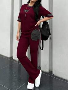 2pcs Women's Spring/Autumn Round Neck Short Sleeve T-Shirt And Elastic Waist Loose Pants Set, Casual Daily Wear Summer - Burgundy 199 - View 8