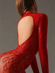 Body de red sexy para mujer, body ajustado de malla, lencería, ropa de dormir, cubierta de bikini - Rojo - Ver 2