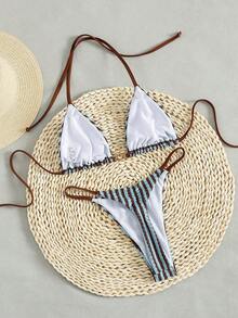 女士春夏新款条纹三角挂脖比基尼两件套 - 彩色 - 查看 3