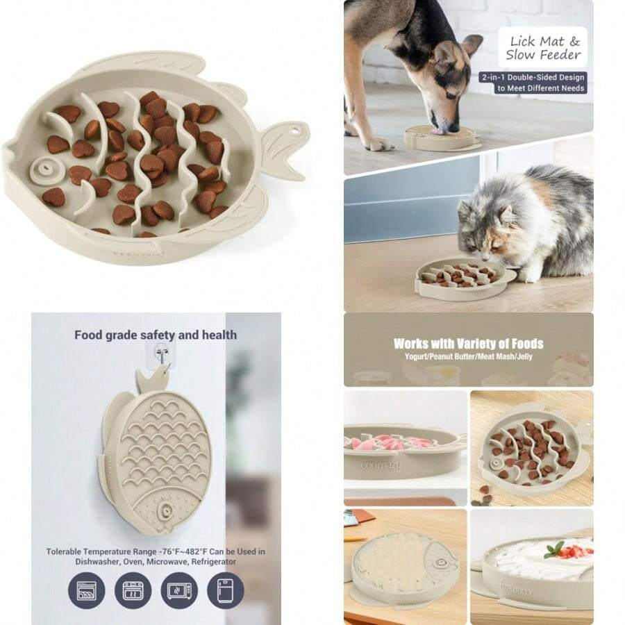 2-In-1 Silicone Slow Feeder Dog Cat Bowls Lick Mat Interactive Puzzle Toy For Pets Food Training Keeps Dogs Cats Busy Prevents Puppy Kitty Overeating Beige 1.2 Cup - 1.2 Cup - View 1