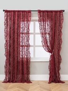 1pc French Countryside Style Floral Lace Trim Curtain Sheer, Holiday Decor - Red - View 9
