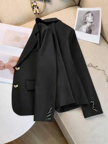 Women's Fashionable Solid Color Blazer Jacket Black Spring - Black - View 7