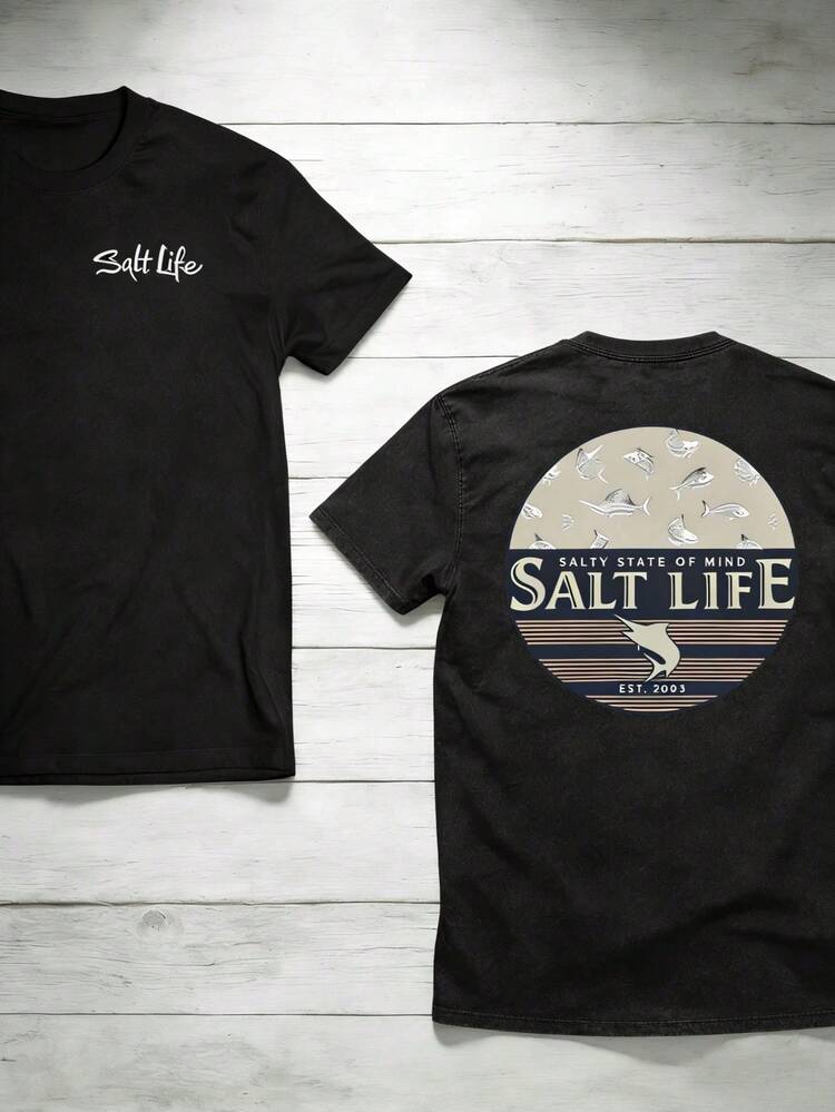 The "Salt Life" T-Shirt, Featuring A Print Of Near-Shore Fish, Is Ideal For Ocean Lovers And Beach Adventurers. - Black 1 - View 8